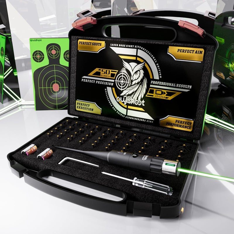 OWLSHOOT Professional Bore Sight Laser Kit: Green/Red Boresighter with 50 Adapters for All Caliber Gun - Easy Sighting for Pistol and Rifle Sighter Perfect Choice for Elite Shooter - Image 1